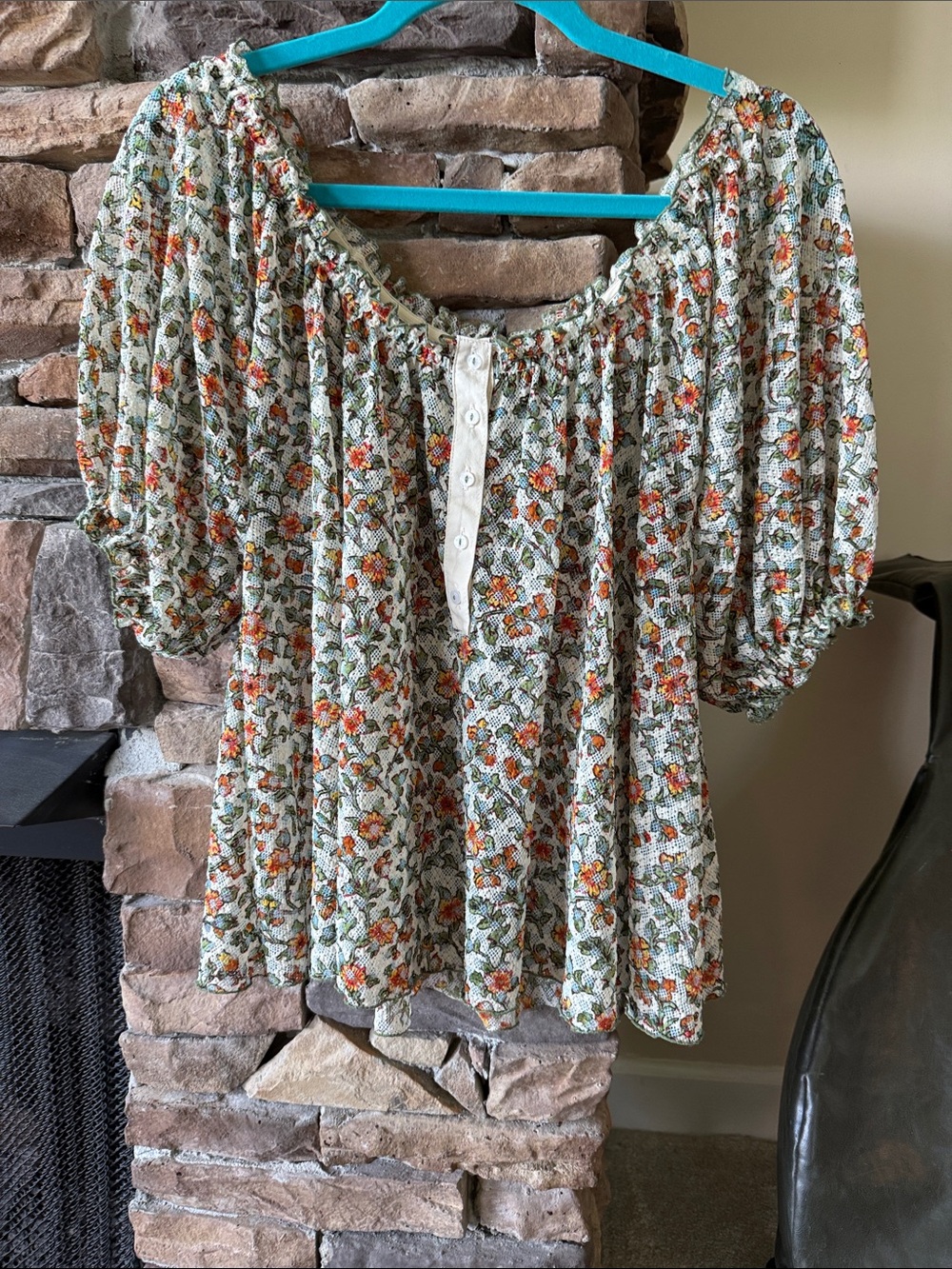 Free People Floral Peasant Blouse in White, Green, Orange